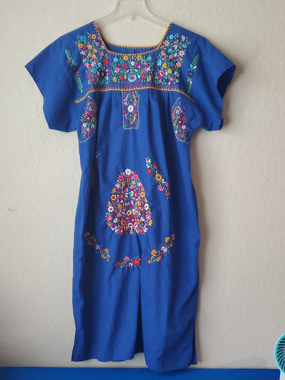 Mexican Oaxacan Embroidered Blue Dress Flutter Sleeve Size XL